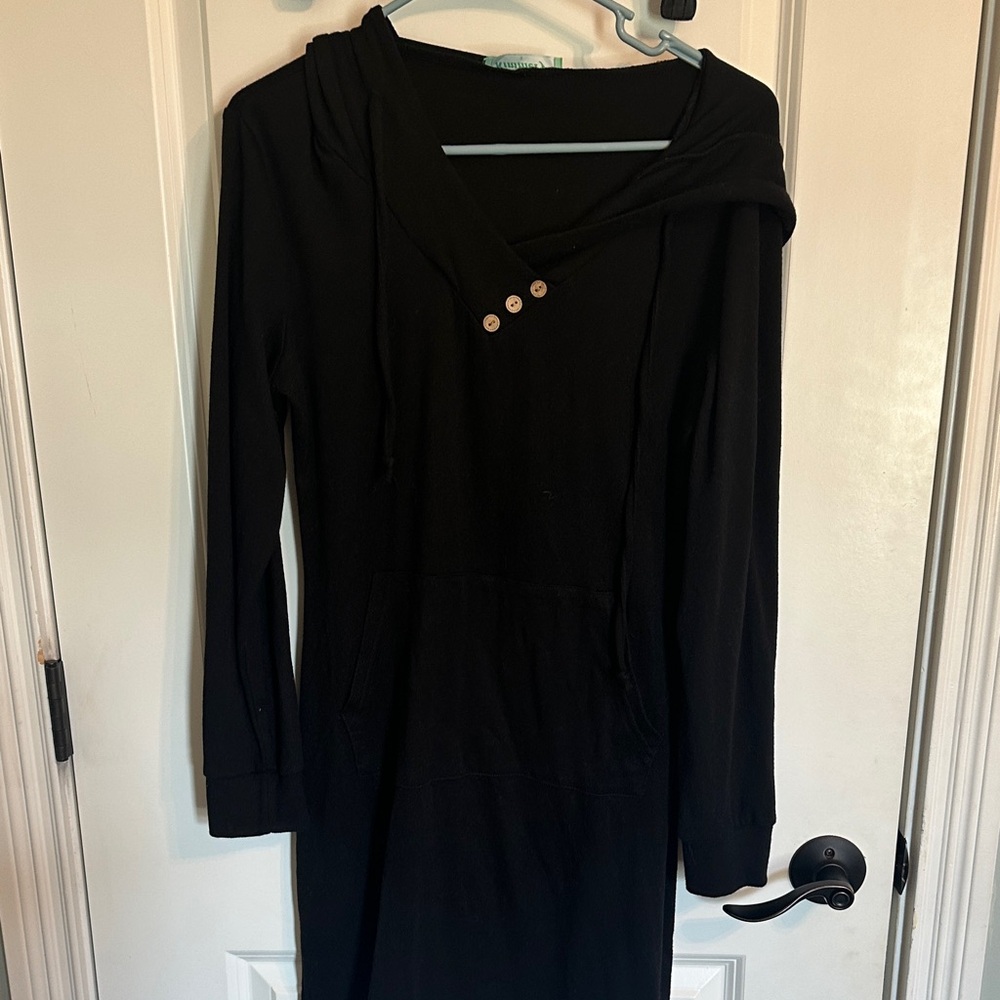 Black Hooded Long-Sleeve Knit Dress with Button Accent